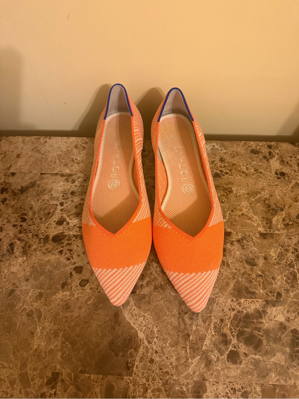 Rothy's Pointed Knit Flats Bright Orange blue trim with White Stripes never worn